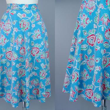 1940s Cotton Skirt | Vintage 40s Light Blue A-Line Skirt with Paisley Floral Print | medium 