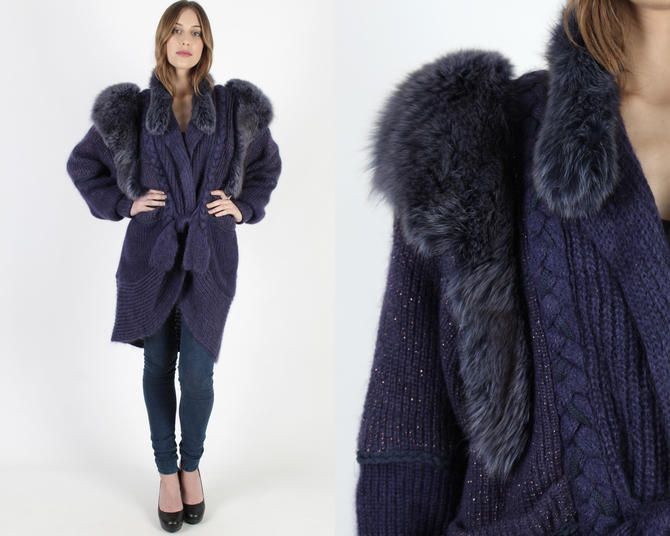 Purple Fox Fur Sweater 80s Metallic, Knitted Cocoon Fur Coat