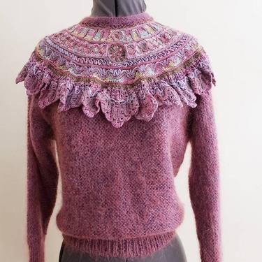1980s Purple Mohair Sweater Embroidered Ribbon Lace Bib Collar / 80s Romantic Handknit Italian Pullover Embroidery / Nella Marchini / S 
