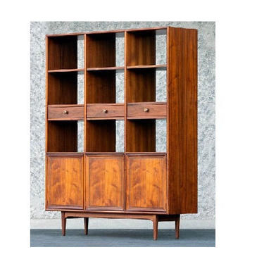 RARE Mid Century Modern Drexel Declaration Large Walnut Room Divider Bookshelf by Kipp Stewart Double Sided (PureVintageNYC) 