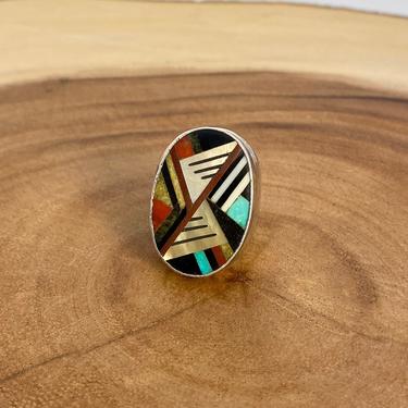 LINED UP Vintage Silver Mosaic Ring | Inlay Turquoise Jet Mother of Pearl &amp; Coral Ring | Native American Style Jewelry | Size 10 