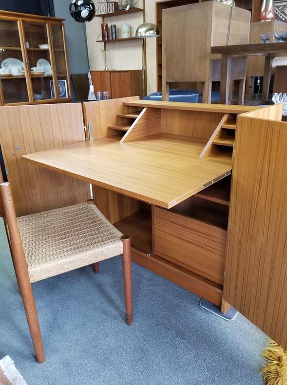                   Danish Modern teak fold out secretary desk