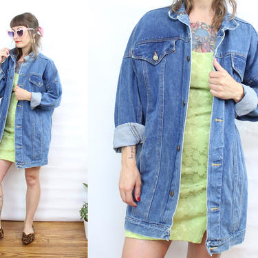 Vintage 90's Denim Long Length Jacket / 1990's Blue Jean Jacket / Oversized Women's Size Small Medium by Ru