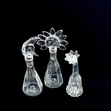 Vintage Whimsical Modern Lot of 3 Hand Blown Art Glass Decanters with Sun, Moon and Flower Stoppers 1960s 1970s 