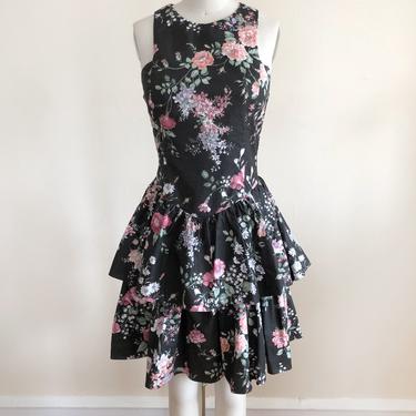 Sleeveless Black and Pink Floral Print Cotton Dress with Peplum - 1980s 