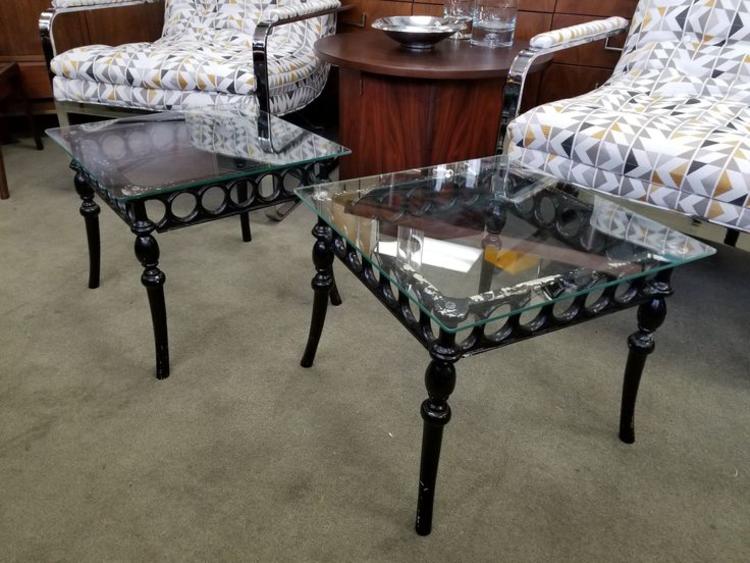 Pair of vintage metal and glass side tables