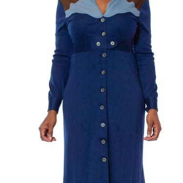 1970S Blue  Brown Polyester Jersey Ossie Clark Style Button Front Dress 