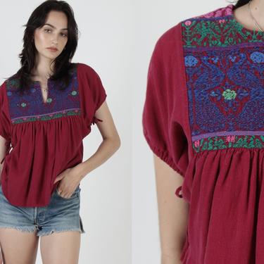 Womans Maroon Woven Guatemalan Tunic / Vintage 70s Ethnic Peacock Mexican Top / Hand Embroidered Aztec Bib Festival Tunic 