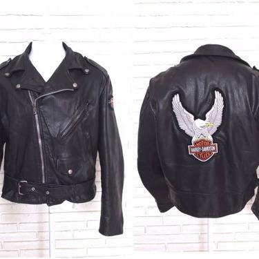 Vintage Black LEATHER Motorcycle Police Jacket Front Zip Men's Moto Jacket L/XL with Patches 