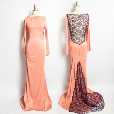 Vintage 1970s Dress Peach Lace Plunging Train Illusion Gown 70s XS 