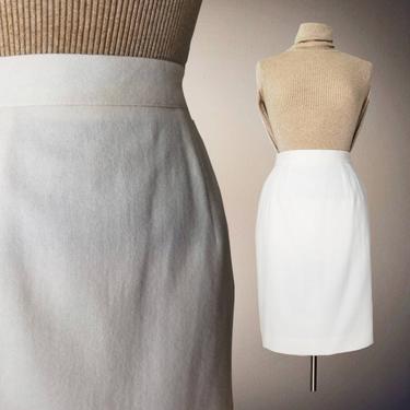 Ivory Wool Skirt, Small / Winter White Vintage Pencil Skirt / Short Straight Skirt / Plain Ivory Office Skirt / Curvy White Wool Skirt 