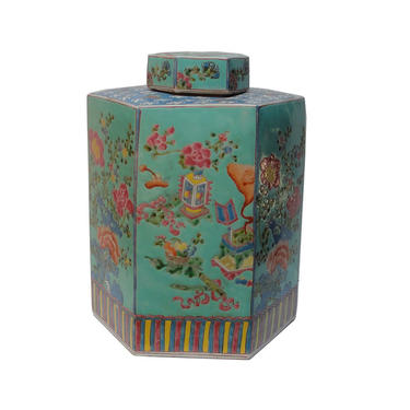 Vintage Chinese Hand Painted Turqouise Hexagon Jar vs680-2E 