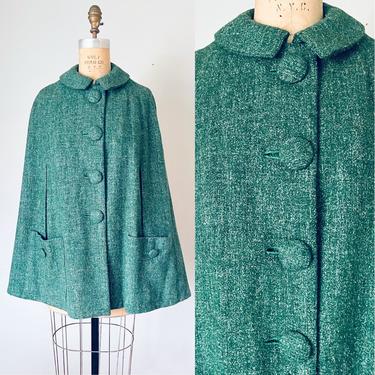 Holly 1950s tailored green tweed cape, wool poncho, shawl swing coat 