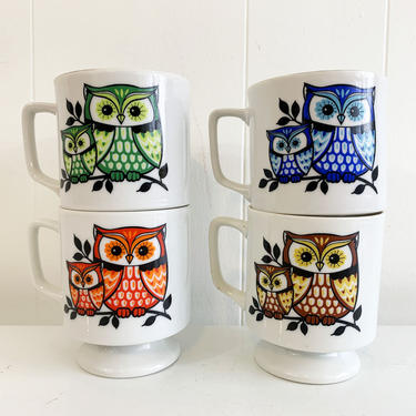 Vintage Rainbow Owl Mugs Owls Pedestal Stacking Cups Ceramic Animal Coffee Mug Tea Mid Century Japan Colorful Retro Kawaii Cute 