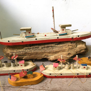 Vintage Wooden Boats Made In Japan, Set Of 5 Ships, Red White And Blue, 4th Of July Decor 