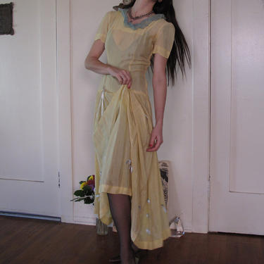 1930's Sheer Yellow Dress w/ Ribbons sz Sm 