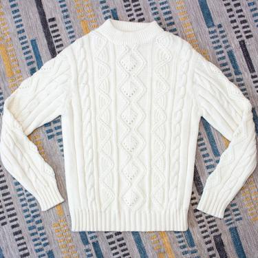 Vintage 1970s Mens Cable Knit Sweater - Montgomery Ward White/Ivory Knit Fisherman Sweater - M 