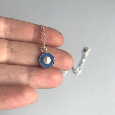 Blue Onyx and Pearl Evil Eye Ojo Pendant in Sterling Silver 