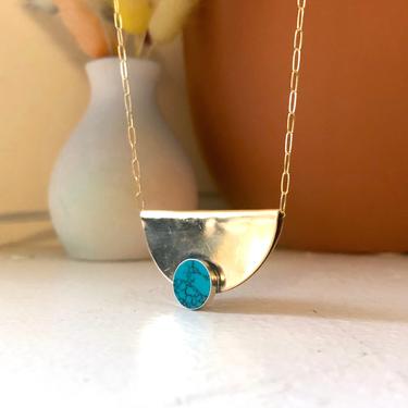 Half Brass Folded Moon in Turquoise on Long Paperclip Chain 