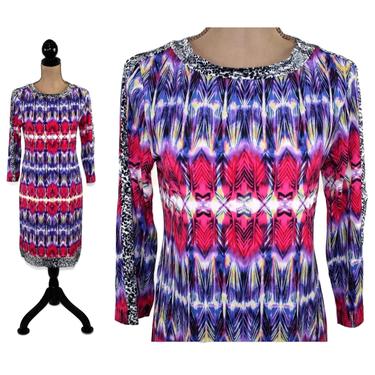 Jersey Knit Abstract Dress Small, Colorful Print 3/4 Sleeve Casual Midi Dress Size 6, Hippie Boho Clothes Women, Clothing Y2K 2000s 