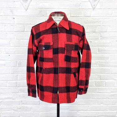 Size 40 Vintage 1940s 1950s Men’s Red &amp; Black Check Hunting Coat by Profile Sportswear w/ Two Way Double Zipper 