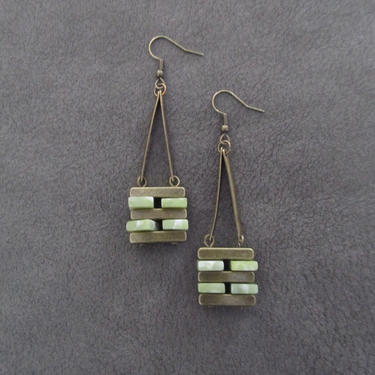 Long jade and bronze earrings, mid century modern earrings, Brutalist earrings, minimalist earrings, simple, unique artisan earrings 
