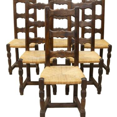 French Country Farmhouse Oak Dining Side Chairs w/Rush Seats | Set of 6