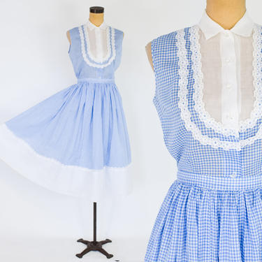 1950s Blue Gingham Skirt Set | 50s Blue &amp; White Cotton Set | Pale Blue Half Slip | Medium 