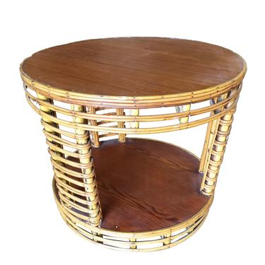 Two Tier Round Stick Rattan Coffee Table with Mahogany Top 