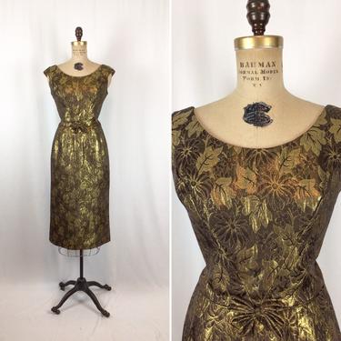Vintage 50s dress | Vintage glittery gold brown floral wiggle dress | 1950s brocade  cocktail party dress 