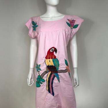 Vtg 80s tropical embroidered parrot bird pink caftan dress XS SM 