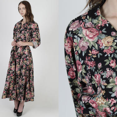 Black Garden Floral Pockets Dress / Vintage 80s Wide Collar Dress / Liberty Rose Print Tea Party Full Skirt Midi Maxi Dress 