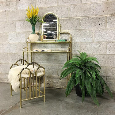 LOCAL PICKUP ONLY Vintage Metal Stool Retro 1980's Gold Metal and White Vinyl Seat Rounded Small Bench or Seat for Vanity 