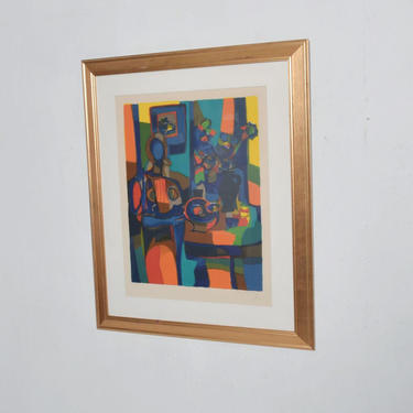 Mid Century Modern Art Abstract Colorful Still Life Lithograph Marcel Mouly 