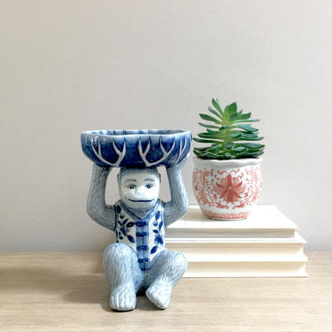 Chinese Monkey Dish Blue White Porcelain Chinoiserie Decor 