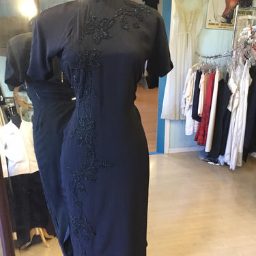 Vintage 1940s Beaded Black Qipao Cheongsam Dress - Size M/L 