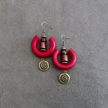 Large Red wooden earrings, bronze Afrocentric dangle earrings, mid century modern earrings, chic earrings, African earrings bold statement 