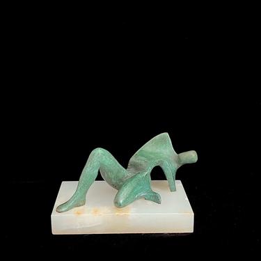 Vintage Modernist Original Bronze Sculpture of a Reclining Male Figure with Verde Gris Finish mounted on Onyx Stone Base by Amparo Ramirez 