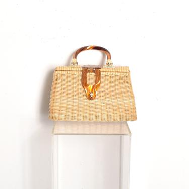 Vintage 1960s Handbag / 60s Double Sided Straw Basket Purse / Tan 