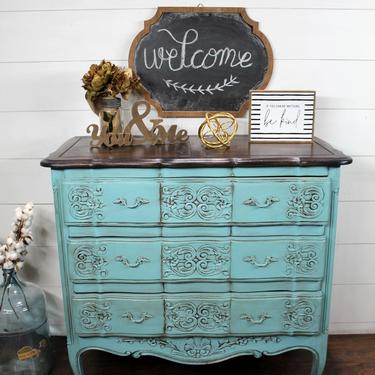 Aged Blue Dresser \/ Entryway Piece \/ Coffee Bar with Black Washed Top