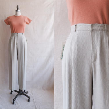 Vintage 80s Woven Trousers/ 1980s High Waisted Green White Pants/ Linen Feel/ Size 26 