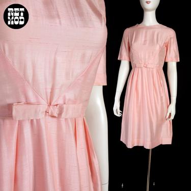 Adorable Vintage 60s Pastel Pink Silk Style Fit and Flare Dress with Waist Bow 