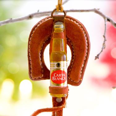 VINTAGE: Mexican Leather Horse Shoe with Resin Carta Blanca Beer Ornament - Vacation, Drinking, Tijuana, Beer - Gift Tag - SKU 16-E2 