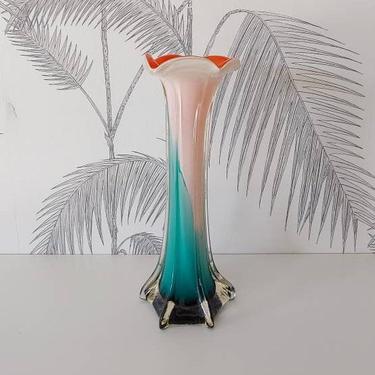 Vintage Vase, Murano Glass, Teal, White & Orange, circa 60's 