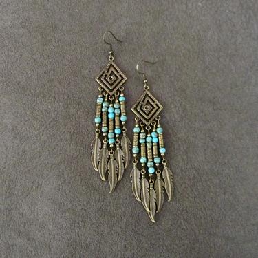 Long southwest earrings, tribal earrings, bold chandelier earrings, boho chic earrings, gypsy earrings, feather statement earrings 