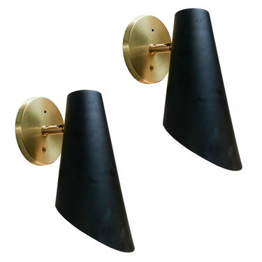 Pair of Custom Black Metal Cone Mid Century Style Sconces