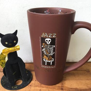 Vintage Skeleton Jazz New Orleans Mug, Large Brown Skeleton Music Coffee Cup, Halloween Mug 