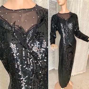 Glitzy Sequin Beaded Dress, Sheer Illusion, Evening Cocktail Maxi Cut Out Back 80s 90s 