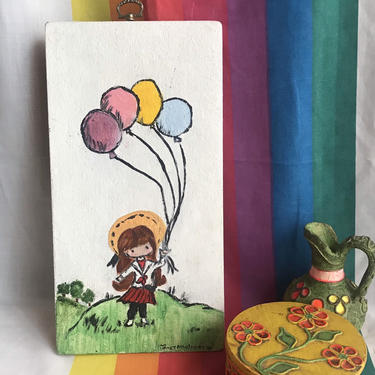 Vintage 70s Hand Painted Art, Girl With Balloons, Wood Decor, Wall Hanging, Signed Dated 1970 