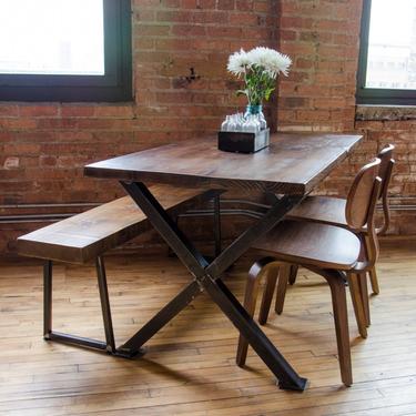 Industrial Vintage Wood Dining Table made with reclaimed wood and modern X legs - choice of sizes or finishes. Custom inquiries welcome. 